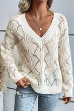 Load image into Gallery viewer, Women Hollow Out Knit V Neck Drop Shoulder Sweater