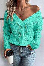 Load image into Gallery viewer, Women Hollow Out Knit V Neck Drop Shoulder Sweater