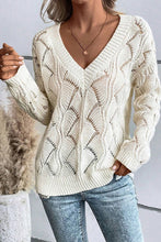 Load image into Gallery viewer, Women Hollow Out Knit V Neck Drop Shoulder Sweater