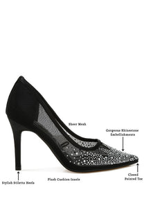 High Ball Mesh Rhinestone Stiletto Pumps