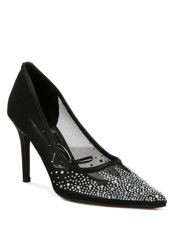 High Ball Mesh Rhinestone Stiletto Pumps